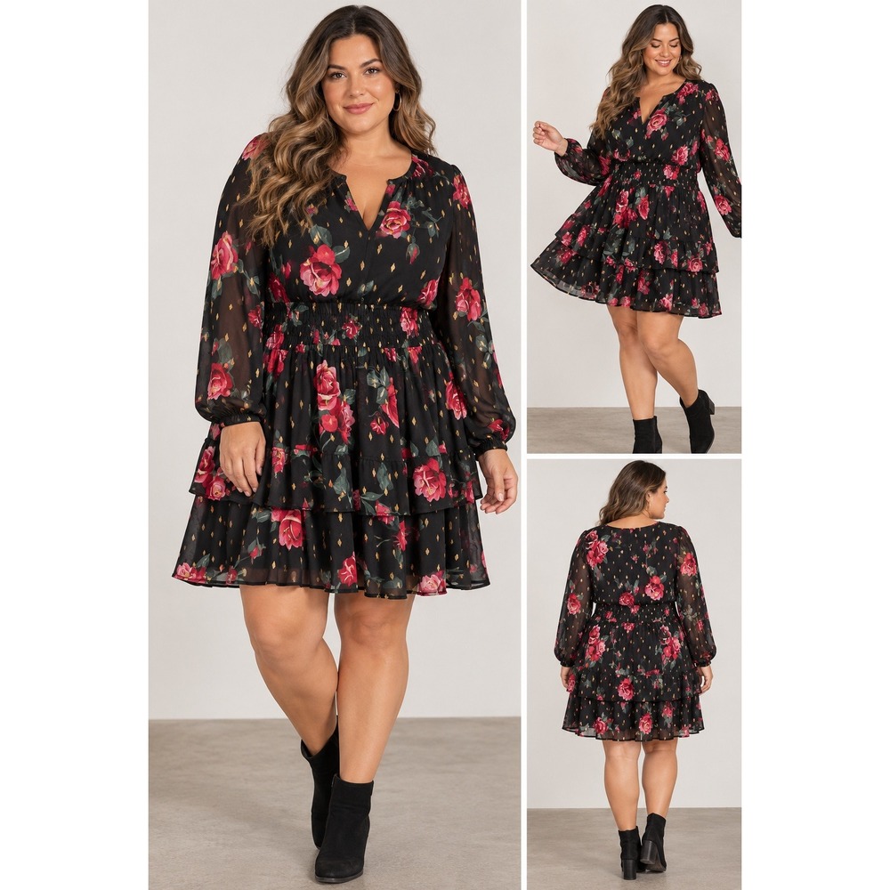 Torrid Mini Dress Women 2 2X Black Red Floral Metallic Smocked Blouson Romantic
